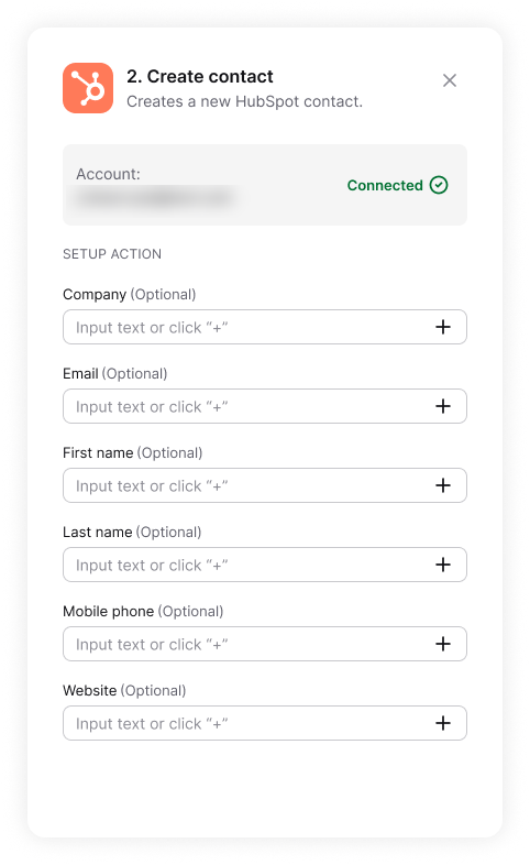 The Create contact action configured in HelpDesk.com, with company, email, first name, and last name fields