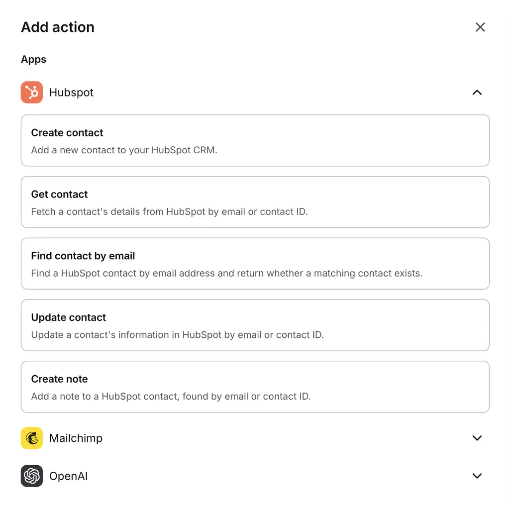 The Add action panel in the Workflows builder listing HubSpot actions: Create contact, Get contact, Find contact by email, Update contact, and Create note