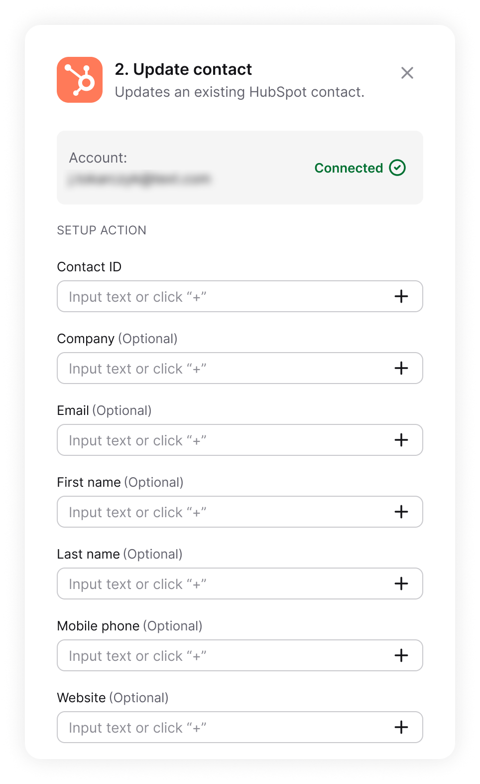 The Update contact action configured in HelpDesk.com, updating an existing contact's details by ID