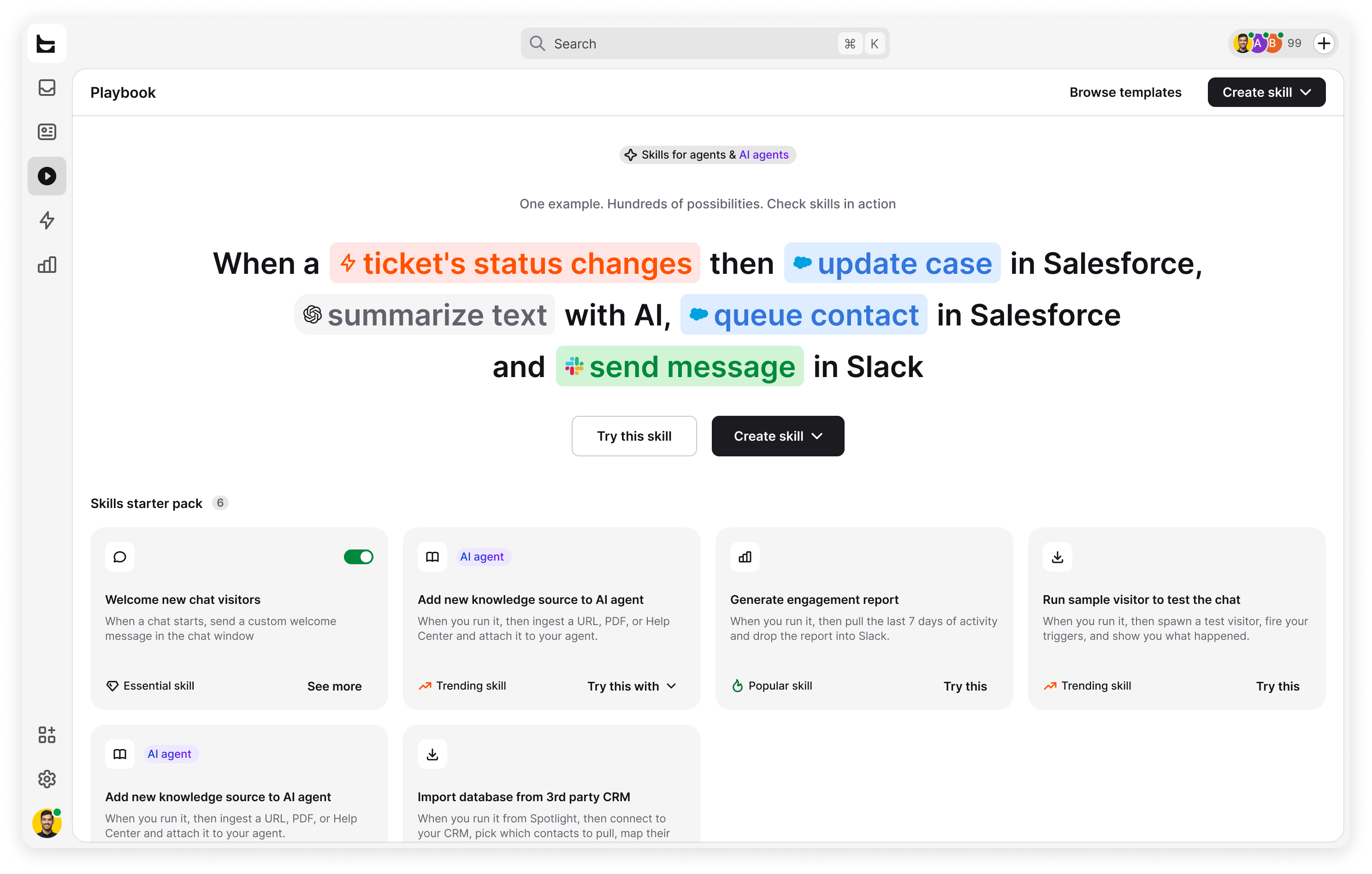 The Workflows builder in HelpDesk.com: when a ticket's status changes, update the case in Salesforce, summarize the text with AI, queue the contact in Salesforce, and send a message in Slack