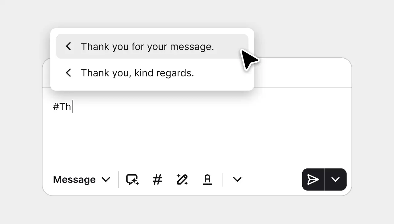 Canned response picker inserting a saved reply into a HelpDesk.com message