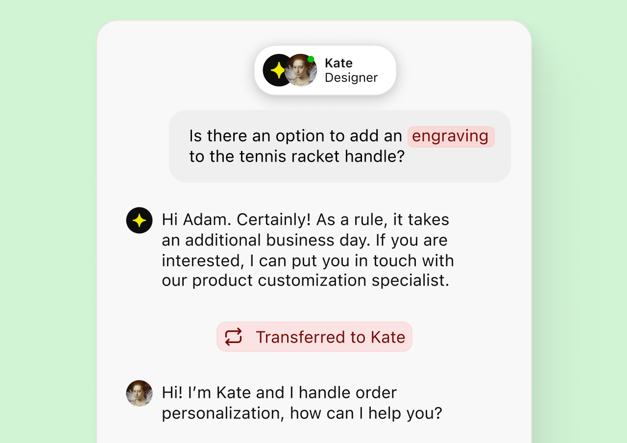 AI Agent transferring a WooCommerce product customization conversation to a specialist