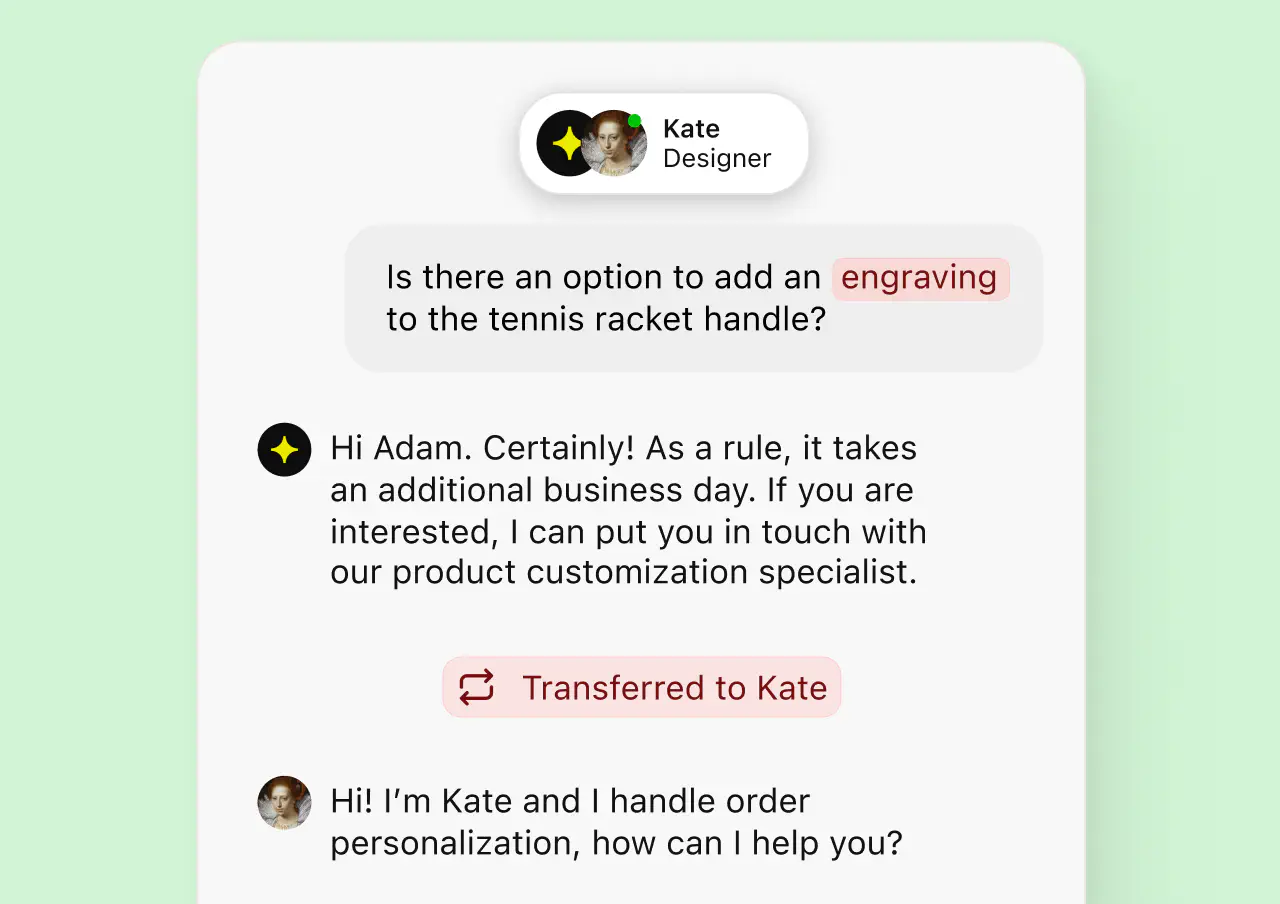 AI Agent transferring a WooCommerce product customization conversation to a specialist