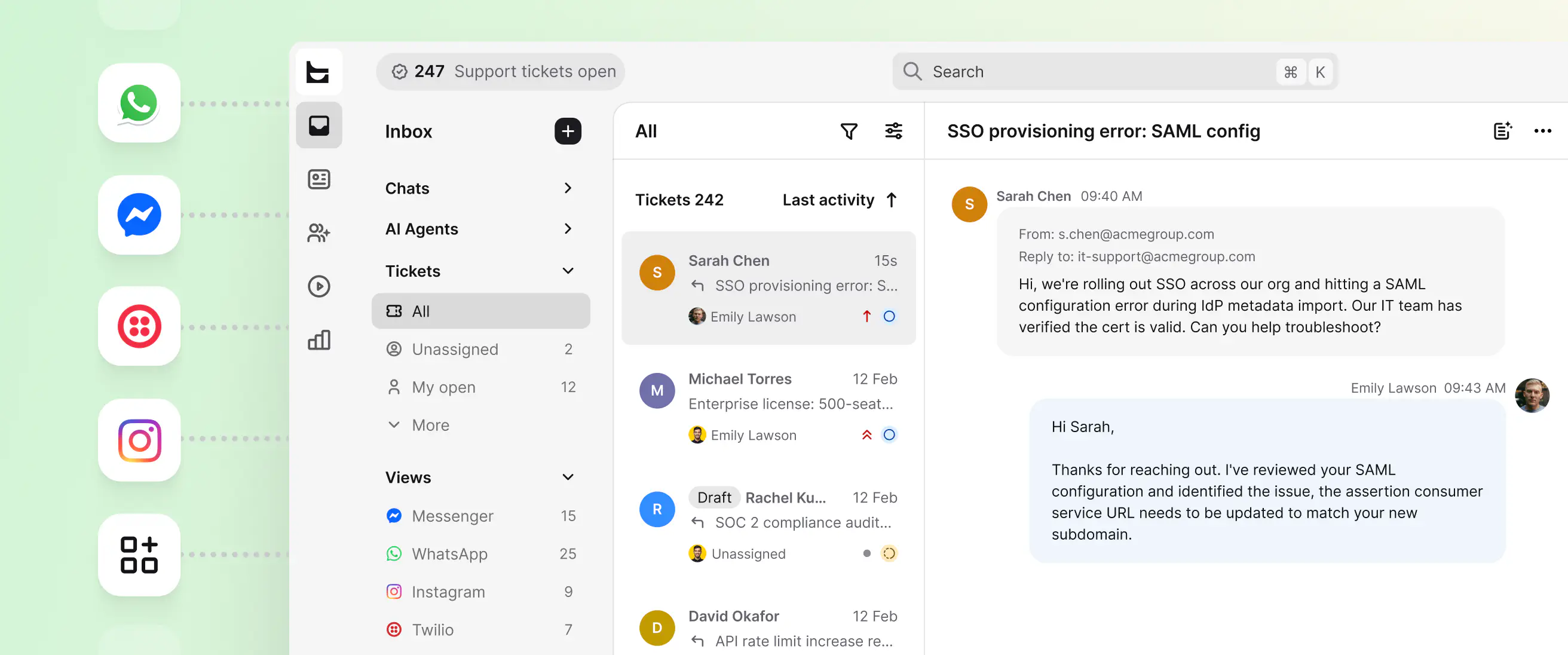 HelpDesk.com inbox combining WhatsApp, Messenger, Twilio, Instagram, and other support channels