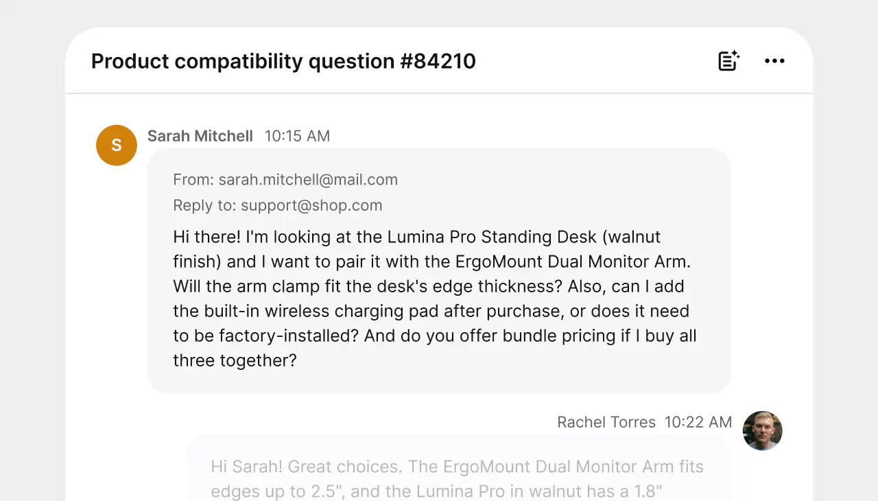 WooCommerce product compatibility question shown as a customer ticket in HelpDesk.com