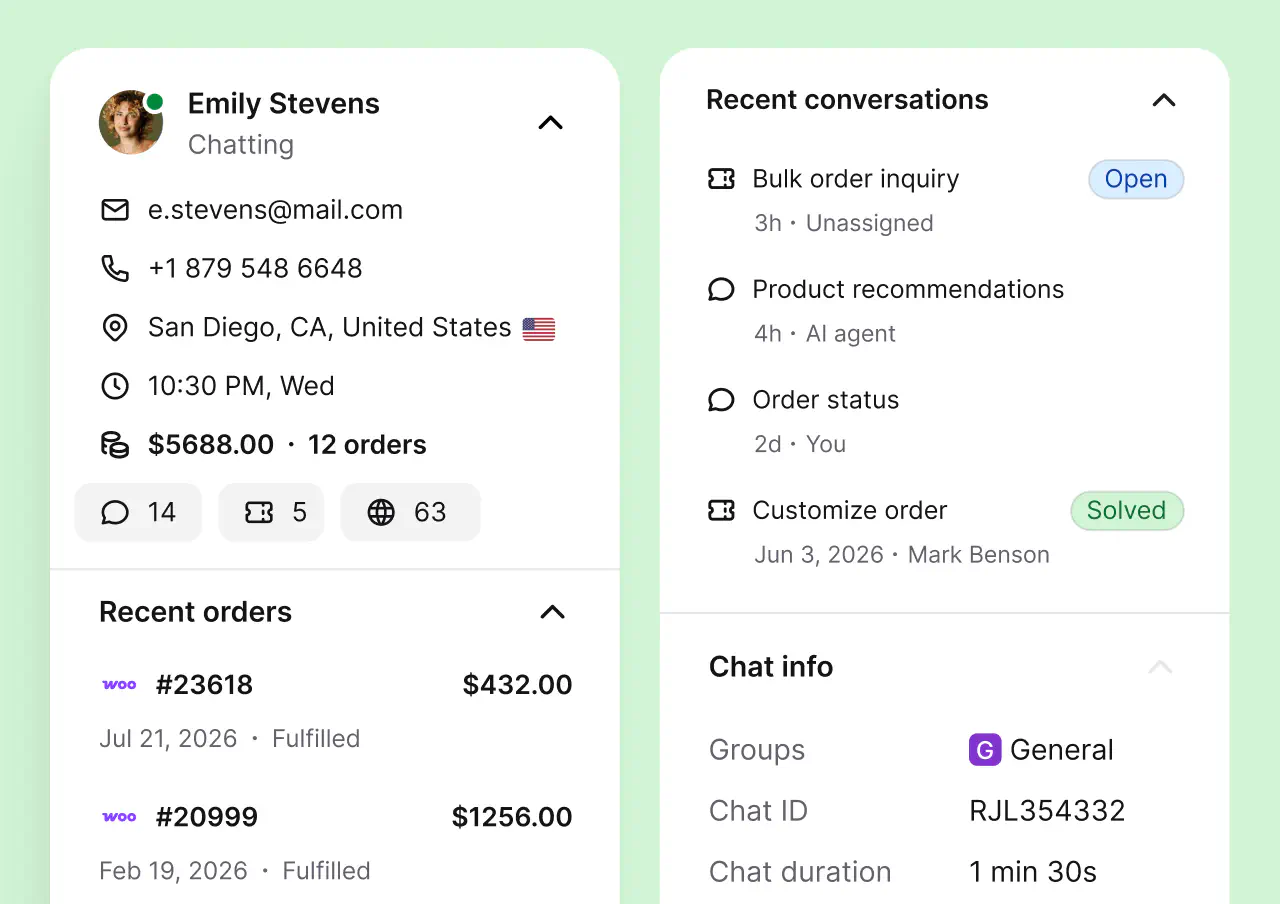 WooCommerce customer profile with contact details, recent conversations, and recent orders in HelpDesk.com