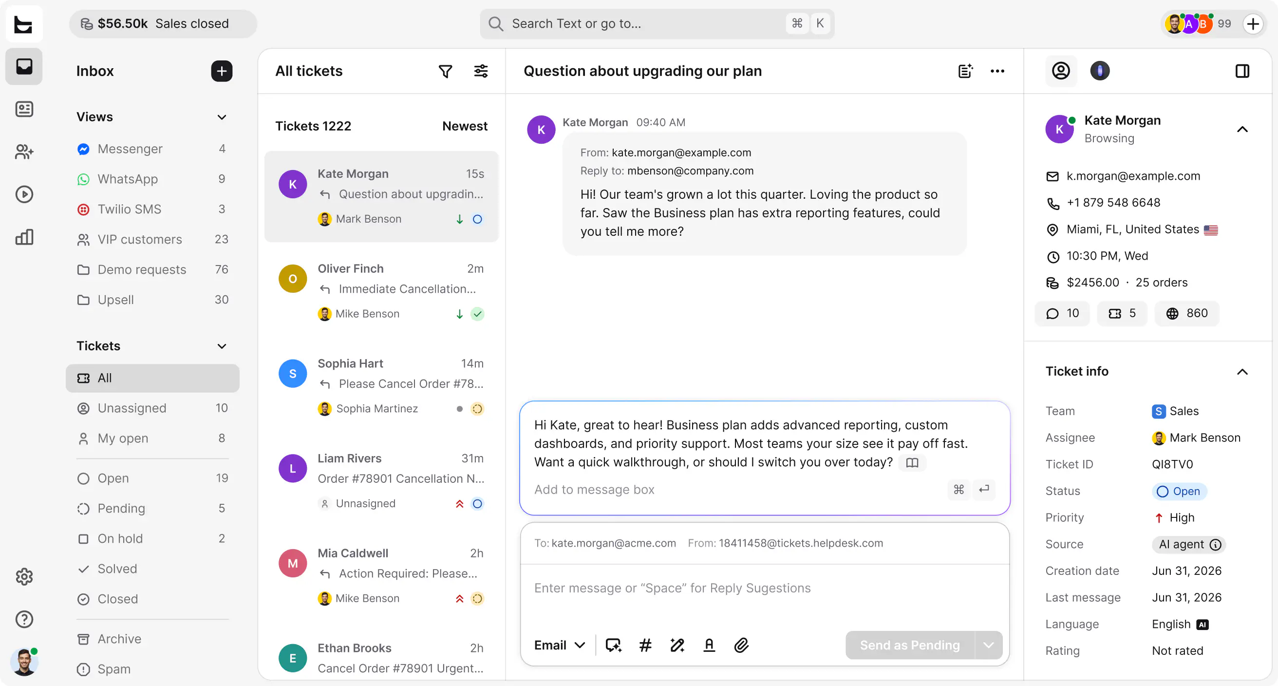 Ticket view in HelpDesk with ticket details, customer info, and the conversation thread