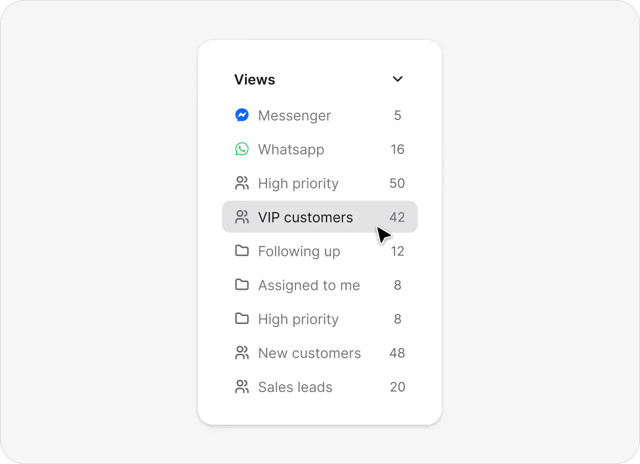 Custom ticket views list with channels, priorities, and saved filters in HelpDesk