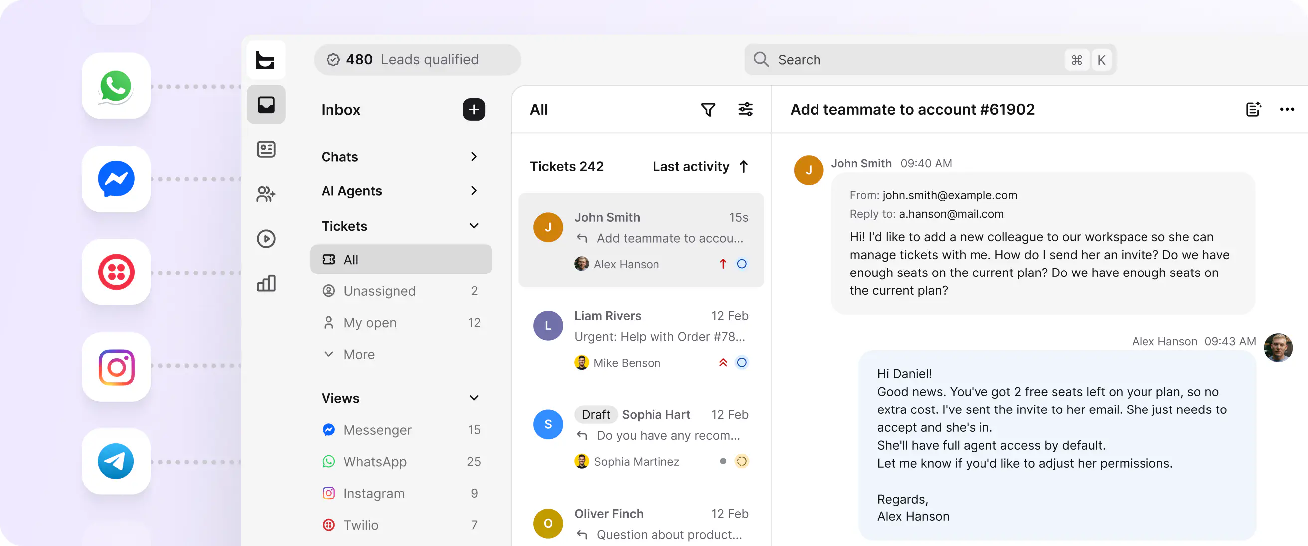 Omnichannel HelpDesk inbox with WhatsApp, Messenger, Instagram, and Telegram channels feeding one ticket queue