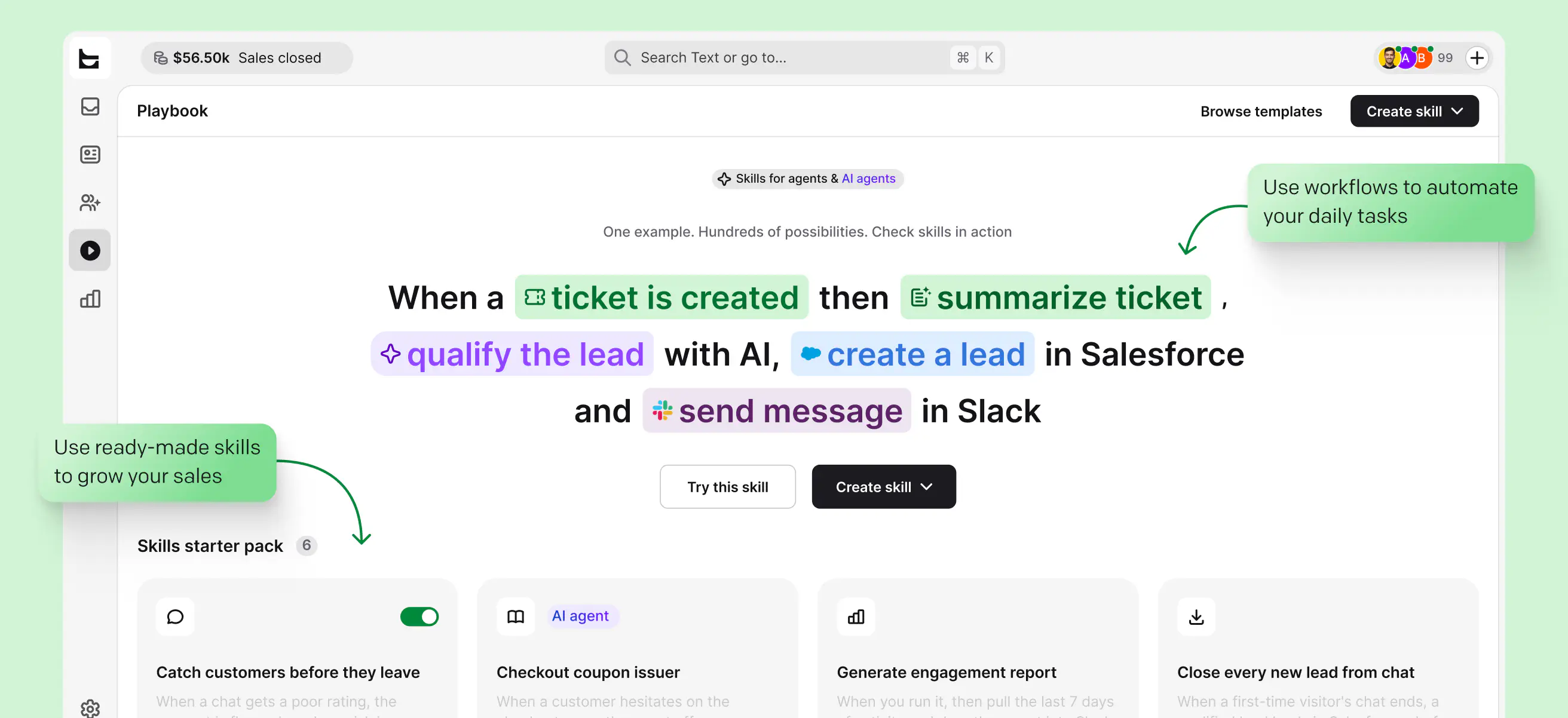 Text Workflow turning a new ticket into a summary, qualified lead, Salesforce lead, and Slack message