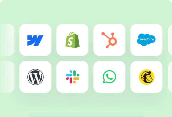 Integration logos including Webflow, Shopify, HubSpot, Salesforce, WordPress, Slack, WhatsApp, and Mailchimp connected to HelpDesk