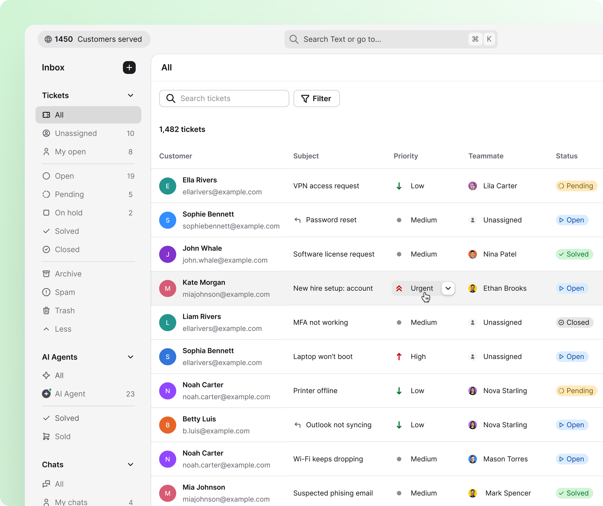 HelpDesk ticket inbox listing IT support tickets with priority, assigned teammate, and status columns
