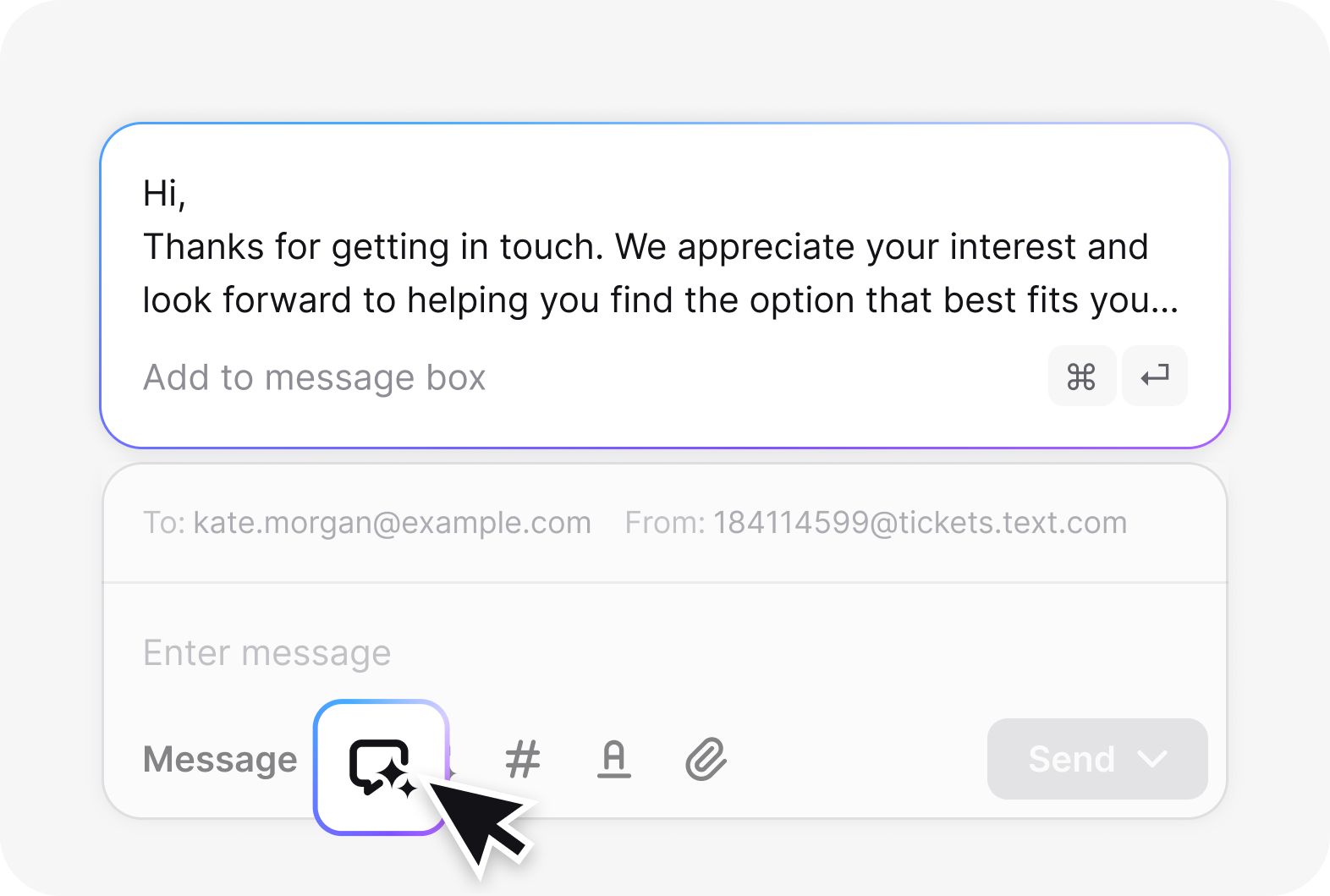 AI reply suggestion drafted from past ticket conversations in HelpDesk