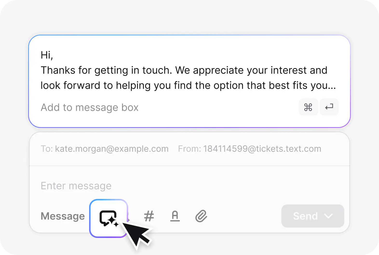 AI reply suggestion drafted from past ticket conversations in HelpDesk by Text