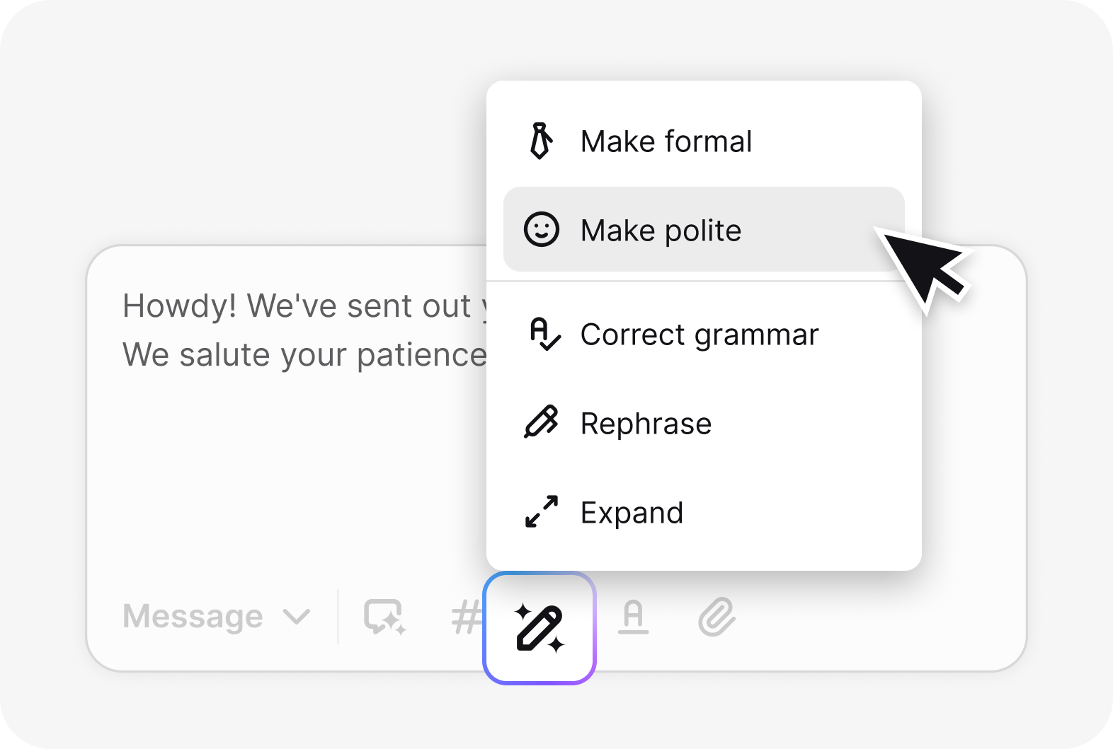 AI text enhancement adjusting tone and grammar on a ticket reply