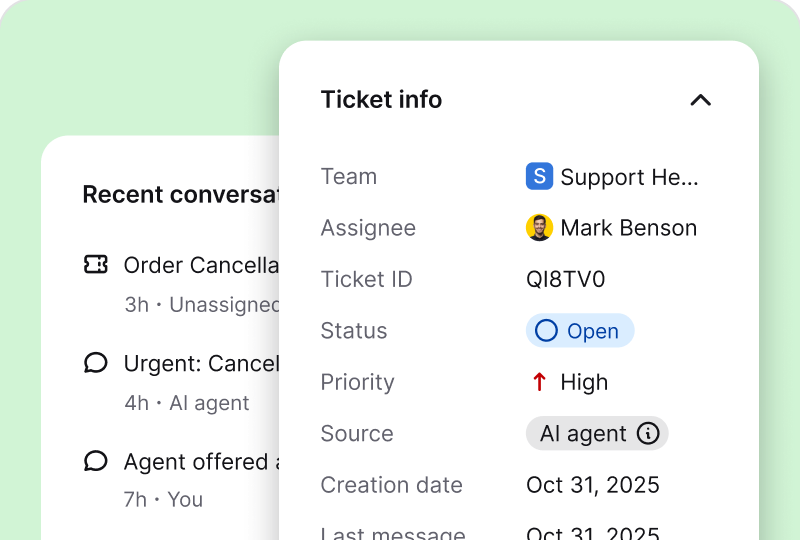 Ticket details showing ownership, priority, and full history in HelpDesk