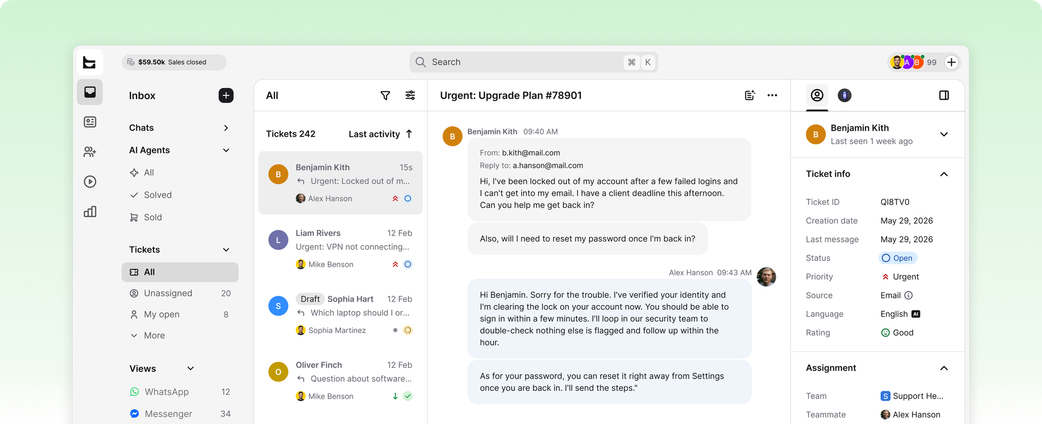 HelpDesk ticket view with the ticket list, an IT support conversation, and ticket details side by side