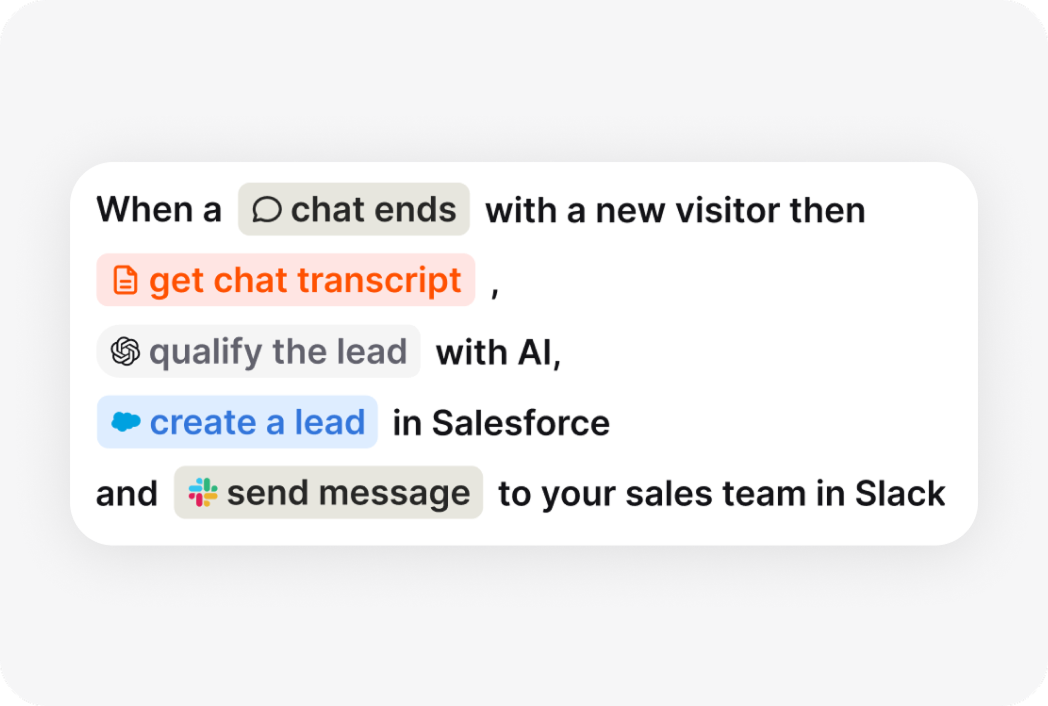 A Workflow in HelpDesk: when a chat ends with a new visitor, get the chat transcript, qualify the lead with AI, create a lead in Salesforce, and send a message to the sales team in Slack