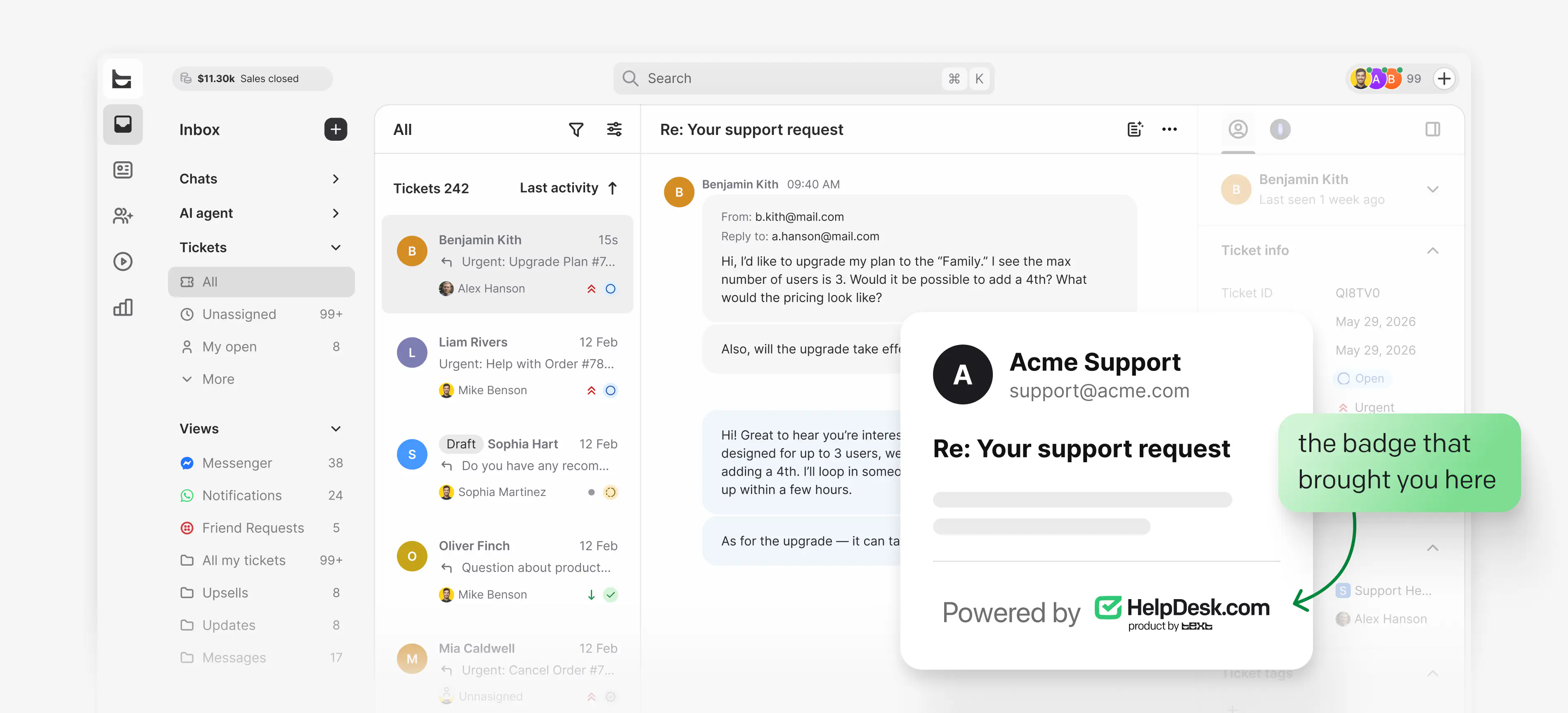 The Text agent view of a support ticket, with the customer's Powered by HelpDesk.com email shown alongside and the badge that brought you here highlighted