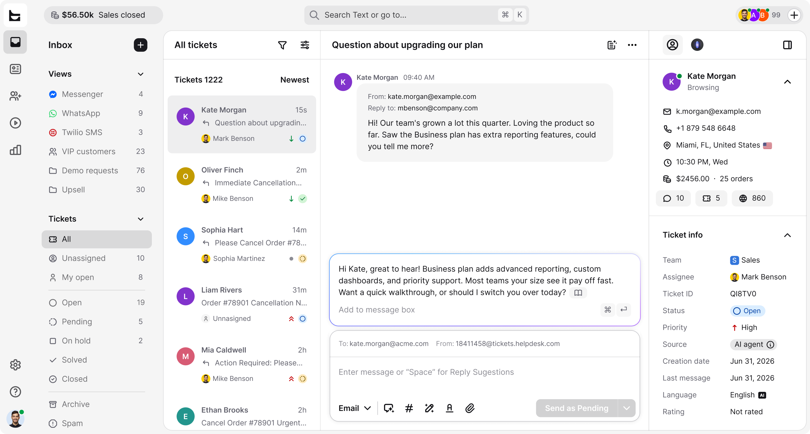 Ticket view in HelpDesk.com with ticket details, customer info, and the conversation thread