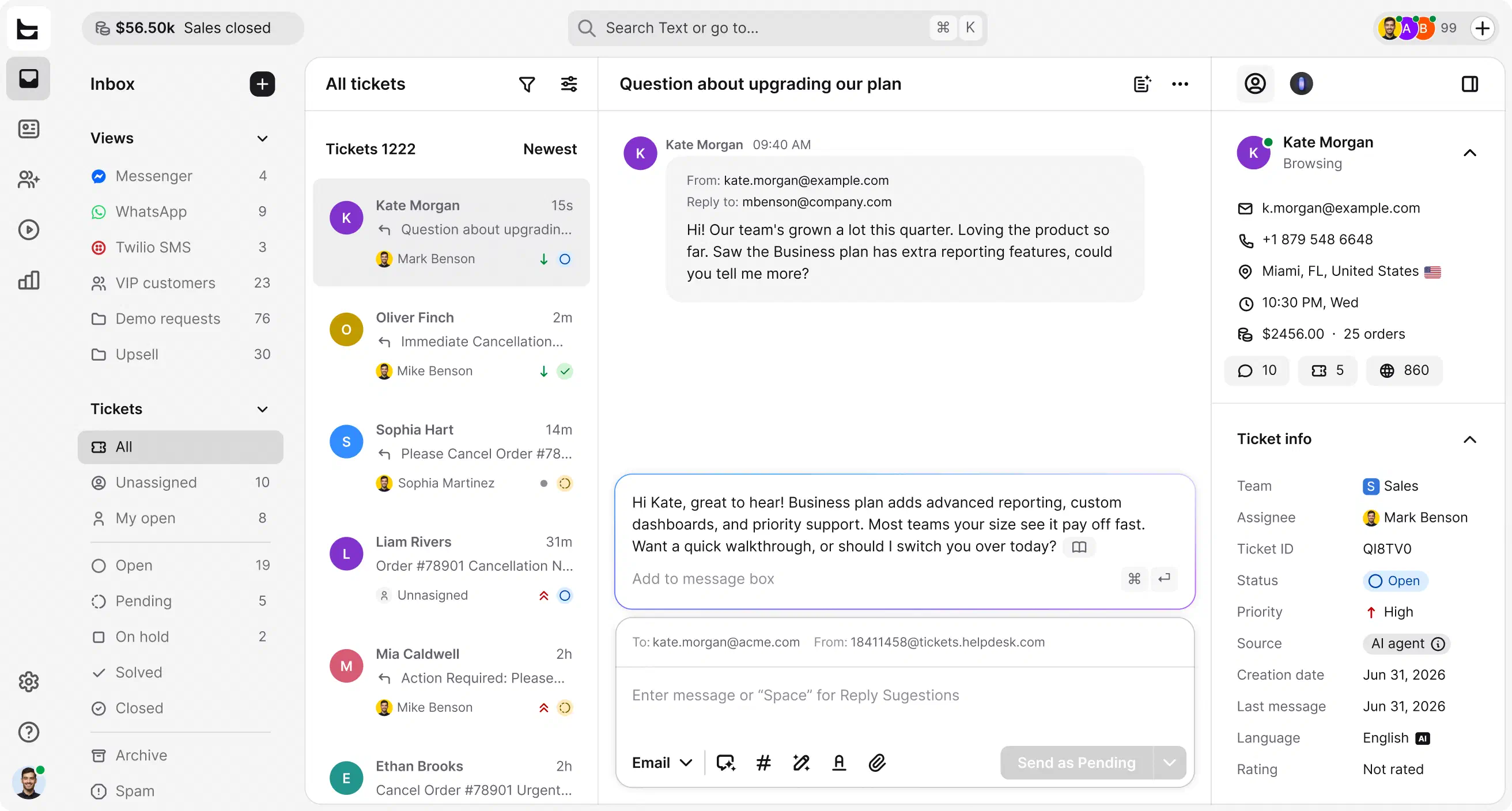 Ticket view in AI HelpDesk software with an AI agent conversation, ticket details, and customer info