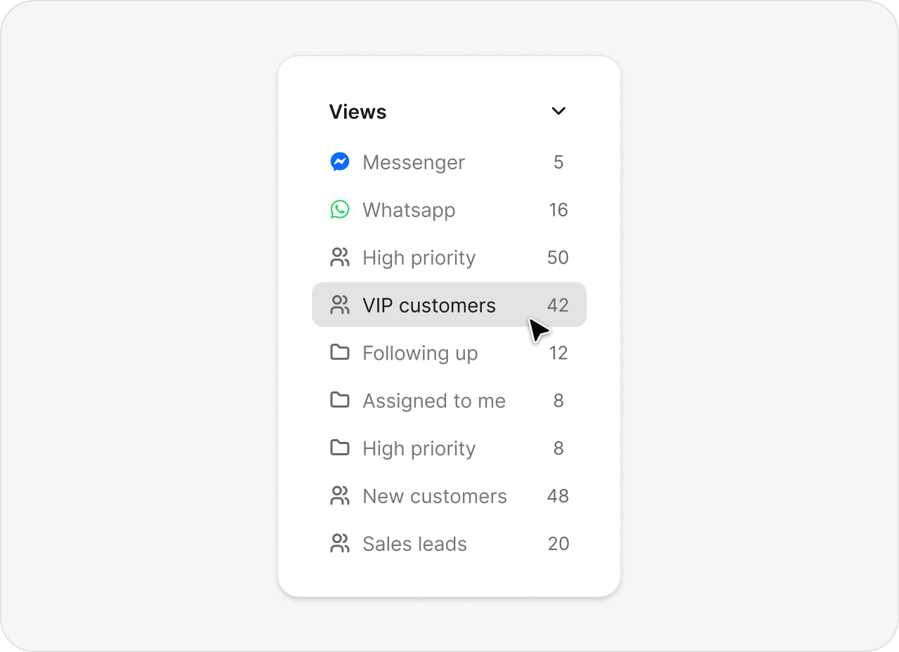 Custom ticket views list with channels, priorities, and saved filters in HelpDesk.com