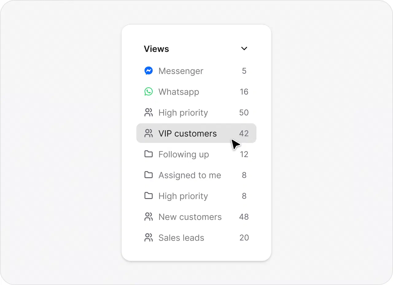 Custom ticket views list with channels, priorities, and saved filters in HelpDesk