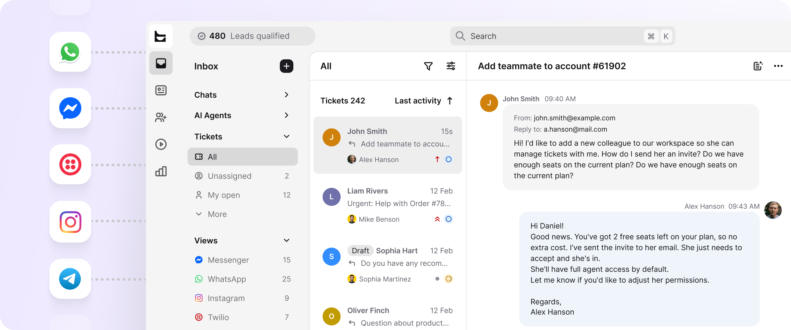 Omnichannel HelpDesk.com inbox with WhatsApp, Messenger, Instagram, and Telegram channels feeding one ticket queue