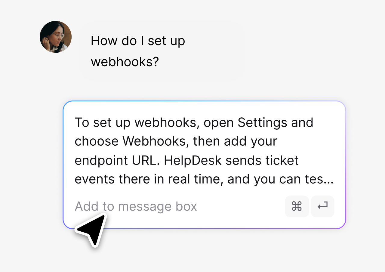 Canned response picker inserting a saved reply into a ticket in HelpDesk.com