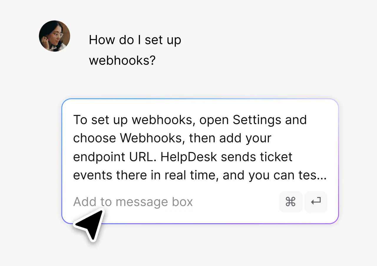 Canned response picker inserting a saved reply into a ticket in HelpDesk
