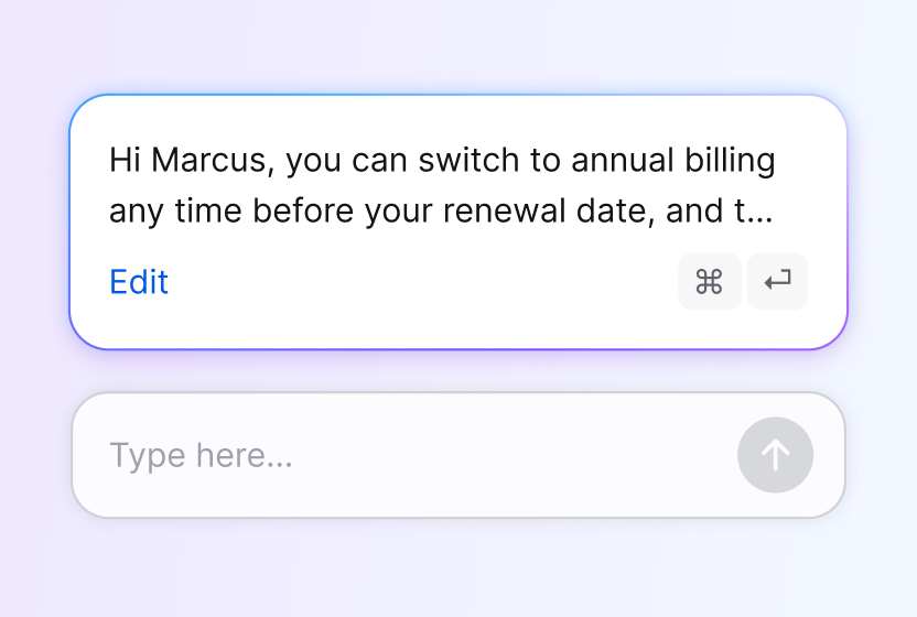 AI reply suggestion drafted for a support ticket in HelpDesk.com