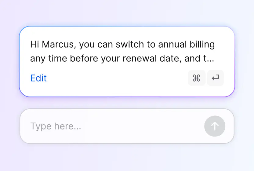 AI reply suggestion drafted for a support ticket in HelpDesk