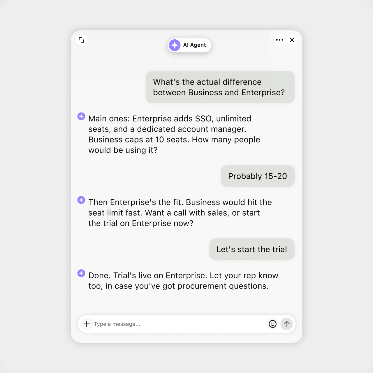 AI agent chat comparing Business and Enterprise plans and starting a trial