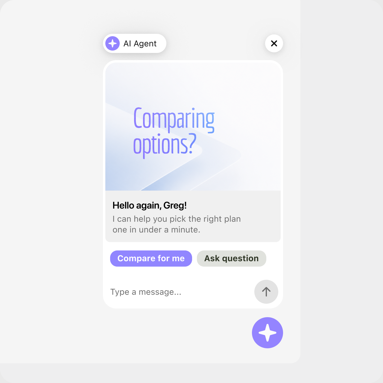 AI agent widget proactively offering plan comparison help to a returning visitor