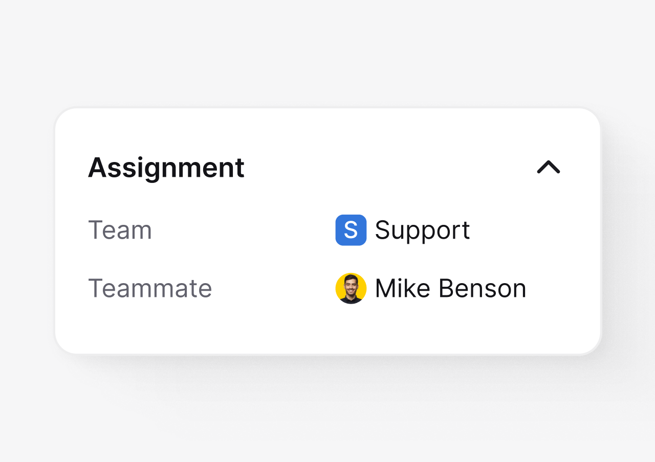 Assignment panel routing a SaaS support ticket to the right team and teammate in HelpDesk.com