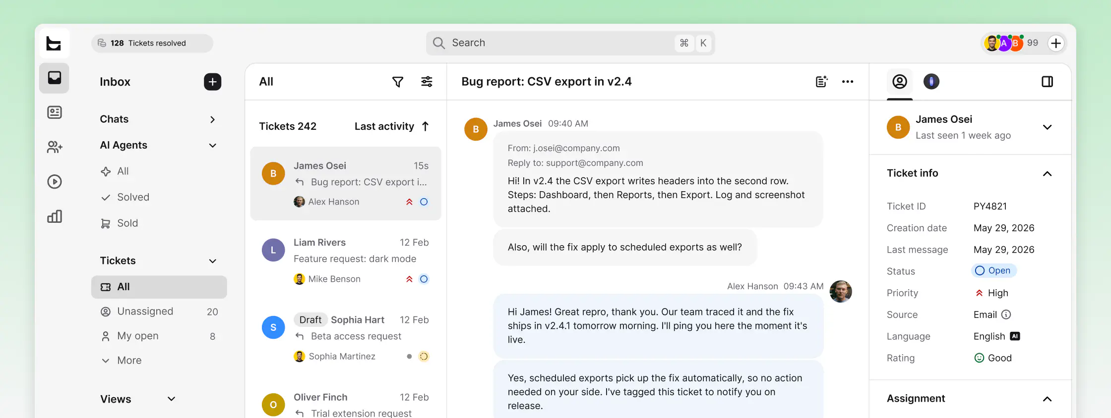 Bug report ticket with tags, priority, and full conversation history in HelpDesk