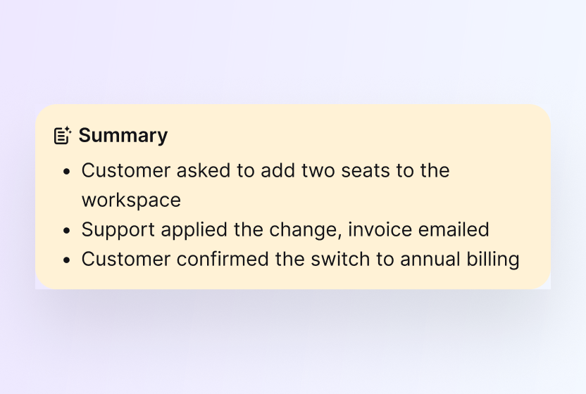 AI ticket summary listing the core issue and next steps in HelpDesk.com