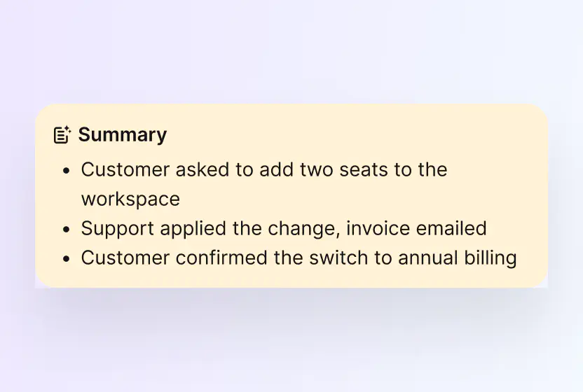 AI ticket summary listing the core issue and next steps in HelpDesk