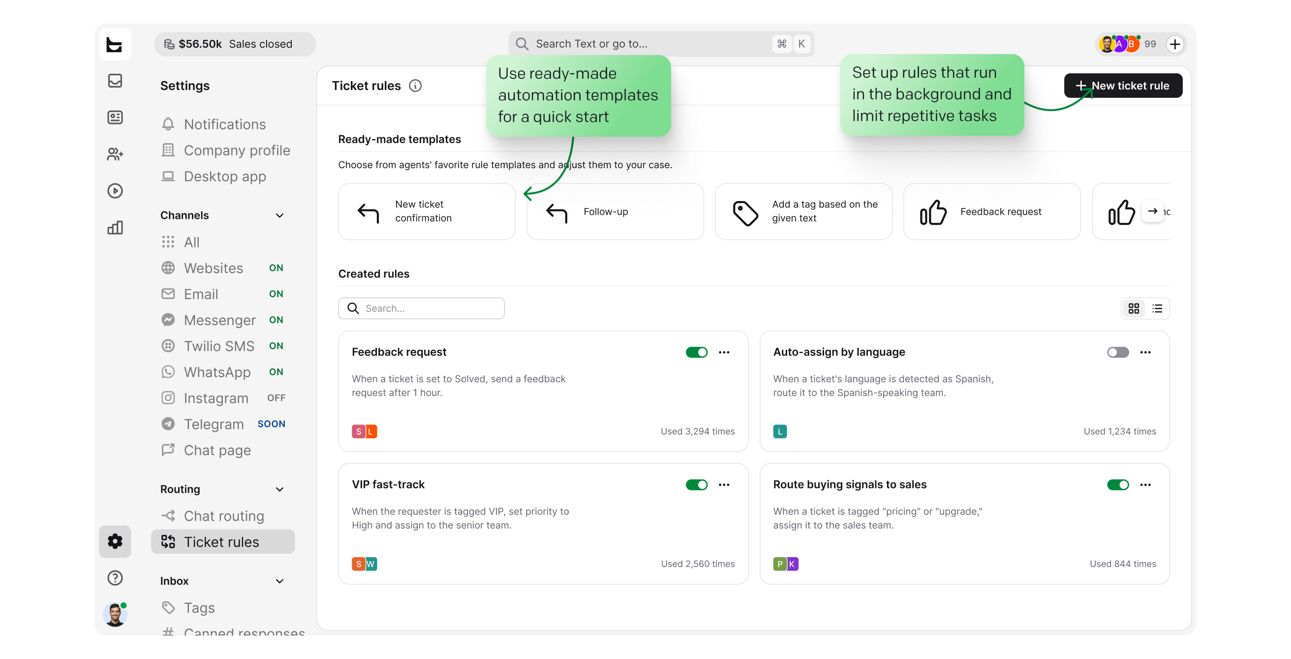 Route — ticket rules routing bug reports and feature requests to the right team in HelpDesk.com