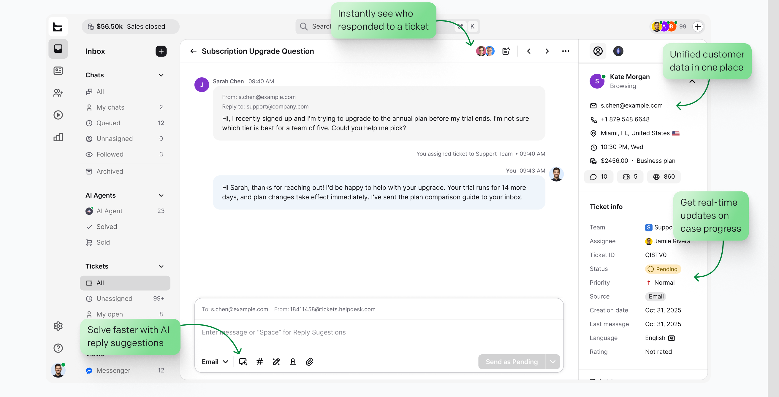 Solve — subscription upgrade ticket with AI reply suggestions and unified customer data in HelpDesk.com