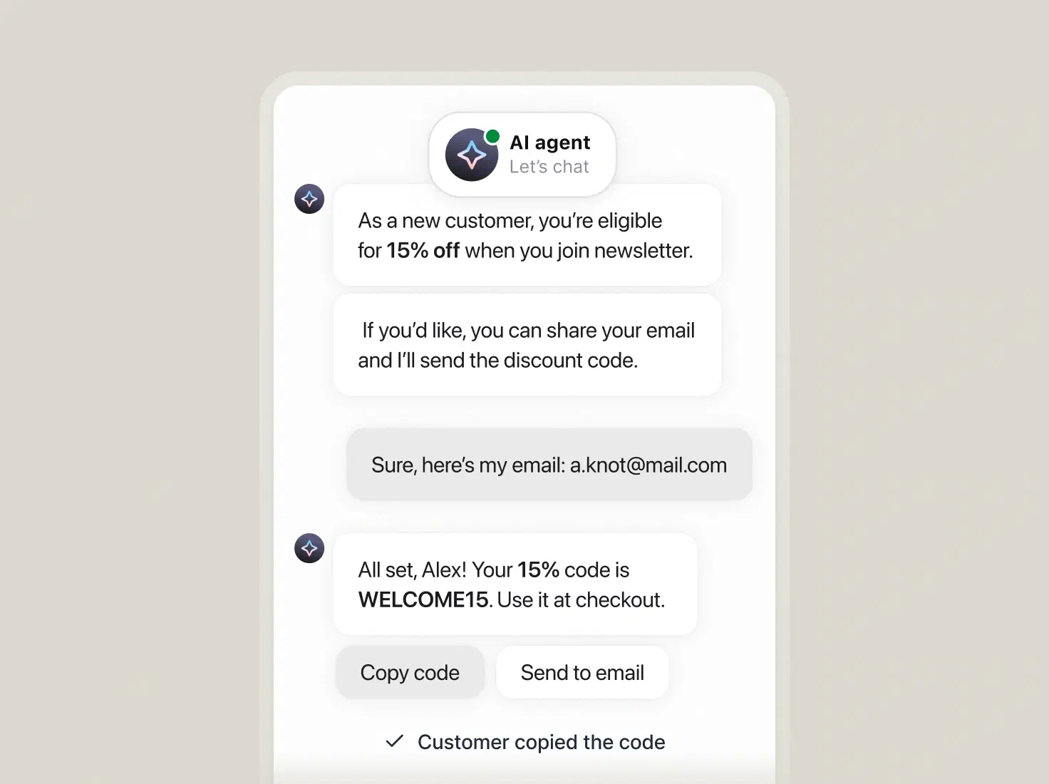 AI agent chat sharing a welcome discount code and capturing the shopper's email