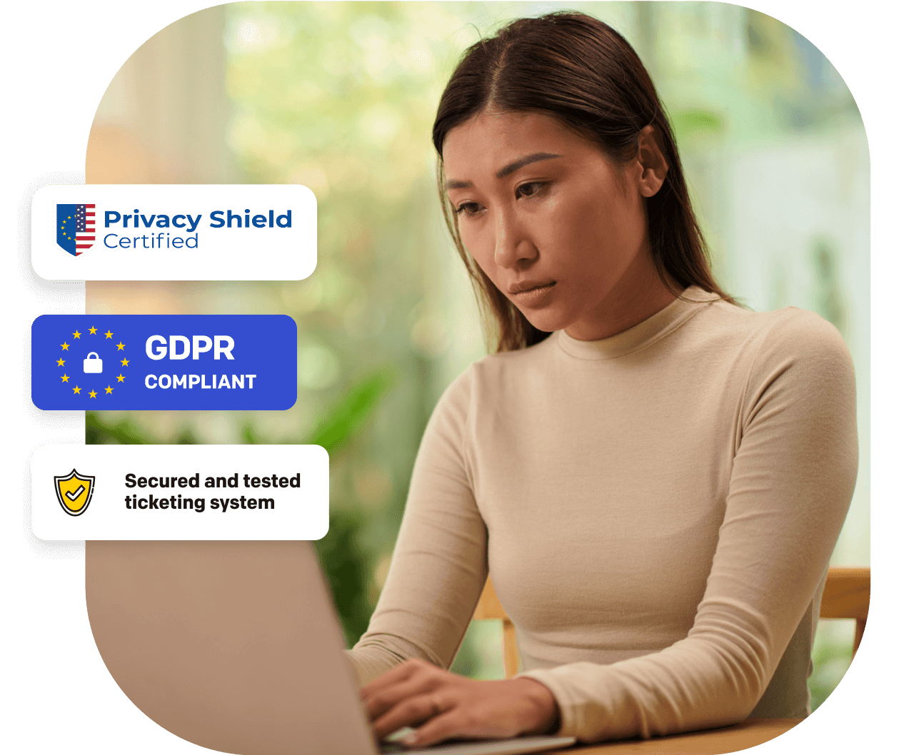 Secure Help Desk Software image showing Privacy Shield certification and GDPR complaint