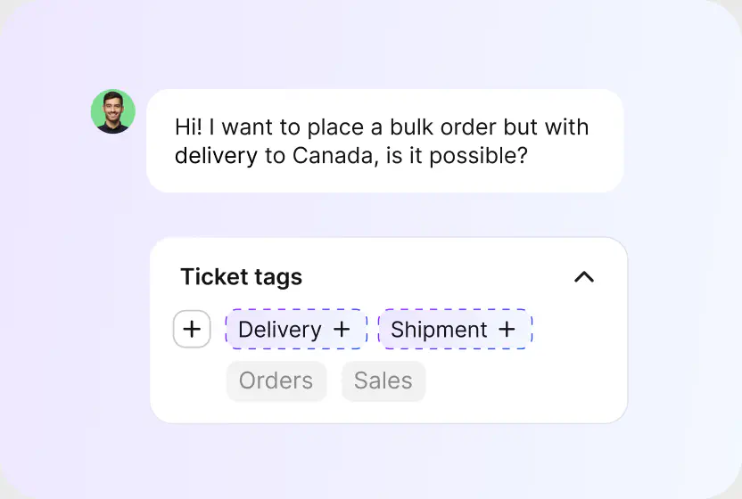 AI tag suggestions proposing delivery and shipment tags for a ticket in HelpDesk.com