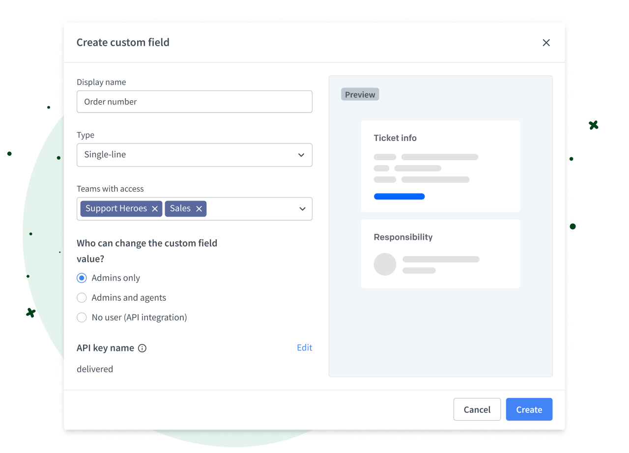 A panel for creating and editing custom fields in HelpDesk.