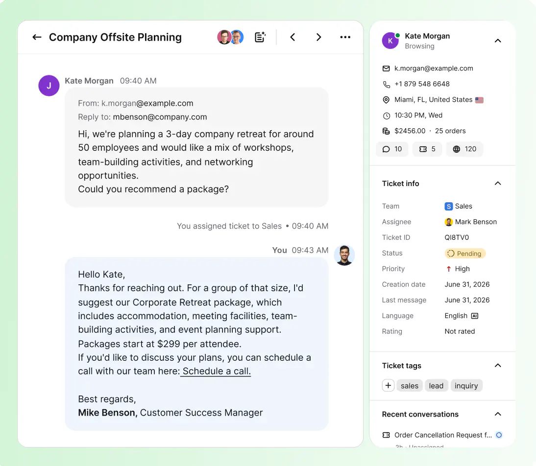 Web-based HelpDesk single ticket view with assignment, priority, and unified customer data