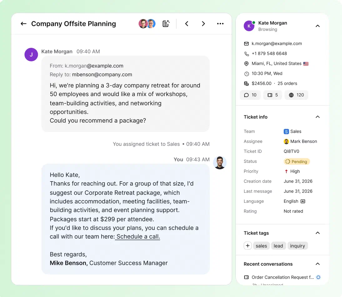 Web-based HelpDesk single ticket view with assignment, priority, and unified customer data